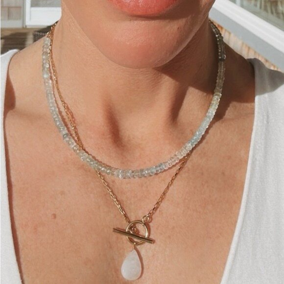 Stunning AQUAMARINE beaded necklace Gold Waterproof Chain non-tarnish gold - Picture 13 of 14